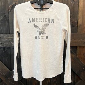 American Eagle Spellout Logo Top Size L Ribbed Cream Thermal Preppy Y2K *Flawed*